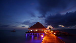 night, Lights, Maldives, Tropical, Beach, Bungalow, Ocean, Sea, Sunset, Reflection / and Mobile Background, HD wallpaper