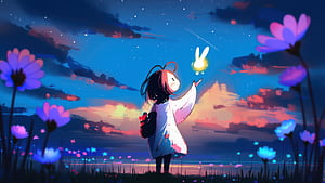 Anime Girl With Glowing Bunny In Flower Field, anime-girl, flowers, flower, bunny, field, sky, star, artist, artwork, art, digital-art, deviantart, HD wallpaper