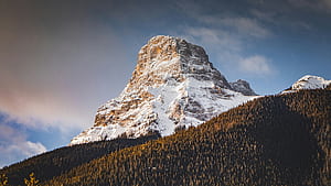 Majestic Mount Loughead Near Canmore, mountains, mountain, snow, trees, tree, sky, blue, nature, HD wallpaper