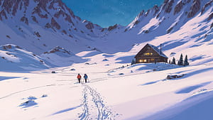 Hikers Walking Through Snow Valley, house, snow, clouds, cloud, mountains, mountain, star, sky, artist, artwork, art, digital-art, ai, HD wallpaper