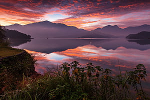 Landscape Cloud Sky Mountain Sunset Nature Lake Taiwan Reflection, Sun Moon Lake, HD wallpaper