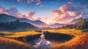 Anime Girl In Flower Field At Dusk, anime-girl, flower, field, dusk, mountains, sky, trees, tree, artist, artwork, art, digital-art, pixiv, HD wallpaper