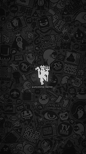 A Black And White With Many Different Stickers, Manchester United Dark, HD phone wallpaper