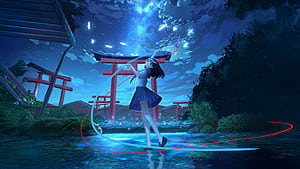 Anime Girl At Illuminated Shrine, anime, girl, sky, clouds, cloud, tree, artist, artwork, art, digital-art, ai, pixiv, HD wallpaper
