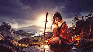 Anime Guardian Of Legend Blade Of Fire, anime, anime-girl, blade, fire, mountains, mountain, sword, warrior, artist, artwork, art, digital-art, ai, deviantart, HD wallpaper