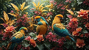 Colorful Birds, bird, colorful, flower, jungle, tree, HD wallpaper