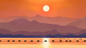 Warm Orange Sunset Over Misty Layered Mountains And Water, orange, sunset, mist, mountains, water, artist, artwork, art, digital-art, 8-bit, deviantart, HD wallpaper