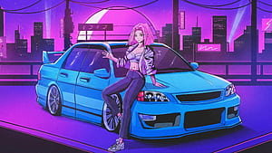 Anime Girl With Neon Car, anime, girl, neon, car, synthwave, artist, artwork, art, digital-art, deviantart, HD wallpaper