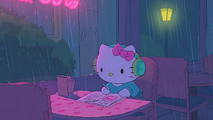 Lofi Aesthetic Hello Kitty Studying in Rain, Lofi Rainy, HD wallpaper