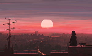 Anime Girl And Cat Watching City Sunset From Rooftop, anime-girl, cat, city, sunset, rooftop, sun, artist, artwork, art, digital-art, pixiv, HD wallpaper