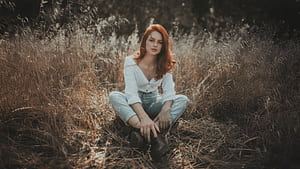 Red Hair In Model In Golden Fields, blonde, girls, model, HD wallpaper