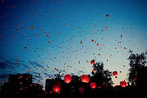 Sky Lantern, Lantern, Blue, Red, Night, Background, Paper Lanterns, HD wallpaper