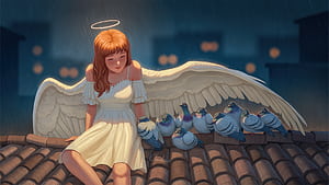 Angel Girl On Rooftop Savings Birds From Rain, wings, alone, girl, rooftop, birds, artist, artwork, art, digital-art, deviantart, HD wallpaper
