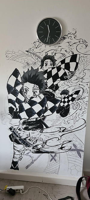 Tanjiro drawing on my wall (OC), Tanjiro Black and White, HD phone wallpaper