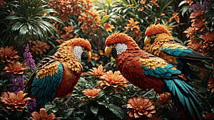 Colorful Birds, bird, colorful, flower, jungle, tree, HD wallpaper