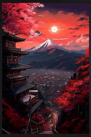 Traditional Japanese Town Print Landscape Under Red Sun Poster Sunset Wall Art Living Room Wall Hang Japan Canvas Fuji Ukiyo E Decor Hanger, HD phone wallpaper