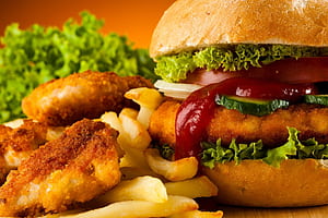 Ultimate Feast: Juicy Burger, Crispy Nuggets & Golden Fries Delight, Burger and Chips, HD wallpaper