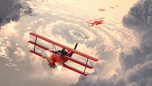 Red Baron Biplanes Flying Through Clouds, red, planes, clouds, cloud, sky, artist, artwork, art, digital-art, artstation, HD wallpaper