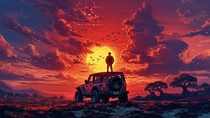 dom On Four Wheels, sunset, clouds, cloud, jeep, car, trees, purple, sky, birds, artist, artwork, art, digital-art, ai, HD wallpaper