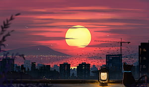 Cat And Lamp Sunset Over City, cat, sunset, sky, clouds, city, sea, crane, artist, artwork, art, digital-art, pixiv, HD wallpaper