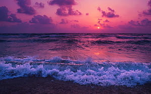 Raging waves on the shore against a purple sunset, Waves 2019, HD wallpaper