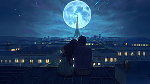 Couple Under Moonlight Watching Eiffel Tower, couple, moonlight, eiffel-tower, artist, artwork, art, digital-art, ai, deviantart, HD wallpaper