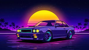 Retro Car With Synthwave Sunset, retro, car, synthwave, sunset, palm, trees, neon, dreams, artist, artwork, art, digital-art, ai, deviantart, HD wallpaper