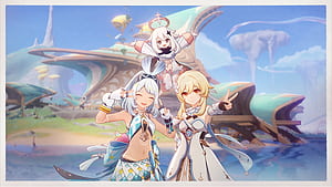 Ultra of Genshin Impact Characters Paimon, Lumine, and Mualani, video game, Genshin Impact, Paimon (Genshin Impact), Lumine (Genshin Impact), Mualani (Genshin Impact), HD wallpaper