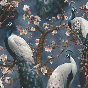 Peacocks Vinyl Flowers Exotic Birds Tree Erismann 10414 08 Navy, HD phone wallpaper
