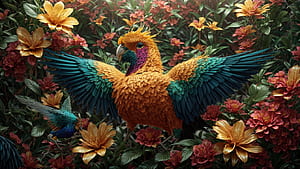 Colorful Bird, bird, colorful, flower, jungle, tree, HD wallpaper