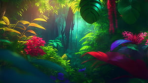 Colorful Jungle, colorful, jungle, forest, bird, tree, HD wallpaper