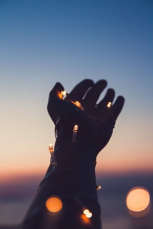 person, showing, left, hand, string lights, outstretched, hands, wrapped, Reaching Hand, HD phone wallpaper