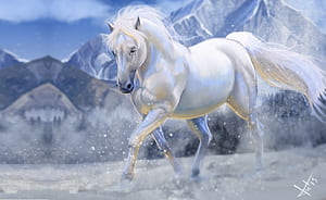 winter, snow, mountains, horse, art, Victor Lozada, Shadowfax for mobile and , section живопись, resolution, HD wallpaper