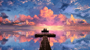 Two Bestie On Pier At Sunset, anime-girl, anime, sunset, sky, ocean, sea, clouds, artist, artwork, art, digital-art, ai, deviantart, HD wallpaper