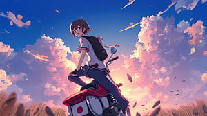 Anime Boy With Motorcycle, anime-boy, boy, bike, clouds, sunset, artist, artwork, art, digital-art, ai, deviantart, HD wallpaper