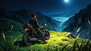 Bike Boy Iun Mountain Valley, bike, boy, alone, moon, mountains, mountain, artist, artwork, art, digital-art, ai, HD wallpaper