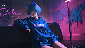 Blue Hair Cat Ear Anime Girl Sitting On Couch Neon Graffiti, anime, girl, blue, dress, artist, artwork, art, digital-art, deviantart, HD wallpaper