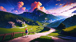 Mountain Anime Girl Hiking Journey Through Alpine Valley, mountains, mountain, clouds, sky, star, road, anime-girl, field, grass, artist, artwork, art, digital-art, pixiv, HD wallpaper