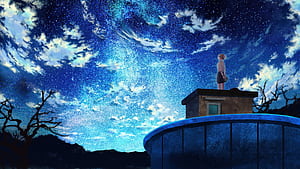 Anime Girl Under Infinite Stars, clouds, sky, house, rooftop, anime-girl, stars, grass, artist, artwork, art, digital-art, ai, pixiv, HD wallpaper