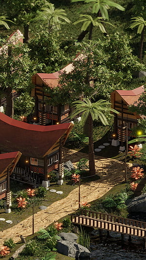 New Toraja, indonesia toraja building country village 3D blender lowpoly forest jungle land day city green island, phone, Indonesian Village, HD phone wallpaper