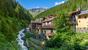 Emerald Stream Village — Forest & Green Landscape, Stream, Nature, Forest, Village, HD wallpaper