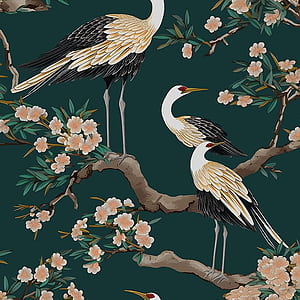 Dark Green Peel And Stick , Crane Bird Floral Contact Paper 17.5 X 393.7in, Boho Vinyl Wall Paper Mural Removable Self Adhesive Waterproof For Bedroom Cabinet Shelf Drawer Renter Friendly, Green Birds, HD phone wallpaper