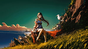 Anime Girl At Scenic Seaside Cliff, anime-girl, sea, cliff, clouds, cloud, artist, artwork, art, digital-art, ai, deviantart, HD wallpaper
