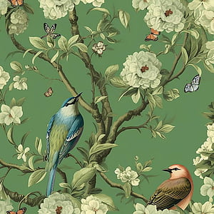 VEELIKE Green Floral Peel and Stick Vintage Branches Birds for Bathroom Bedroom 17.7''x354'' Renter Friendly Removable Chinoiserie Wall Mural Green Contact Paper for Cabinets, HD phone wallpaper