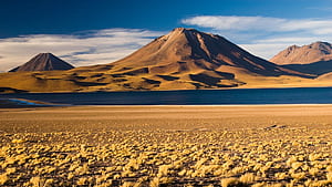 water, Chile, Blue, Mountains, Clouds, Landscapes, Nature, White, Volcanoes, Brown, Lakes, Beige, Steppe, Andes, Morning, View, Atacama, Desert / and Mobile Background, HD wallpaper