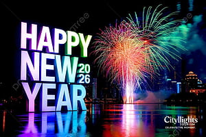 Happy New Year 2026 Spectacular Fireworks Display Illuminated In A Cityscape By The Lake, New Year, Happy New Year Background And for, HD wallpaper