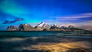Nordland Norway, norway, mountains, snow, mountain, sea, ocean, lake, aurora, sky, nature, HD wallpaper