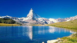 Mountain Sky Lake Grass Scenery High Quality, HD wallpaper