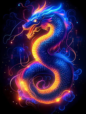 Neon Chinese Dragon Print Set: Fluorescent Galaxy Wall Art (digital ), Blue Neon Dragon, HD phone wallpaper