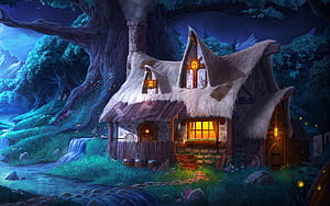 Enchanted Night Cottage in Trine 2's Mystical Forest, Cozy Fantasy, HD wallpaper